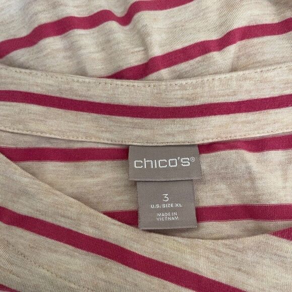 Chico's Shirt Women's 3 Red Striped Round Neck 3/4 Sleeve XL Casual Top - Picture 7 of 8